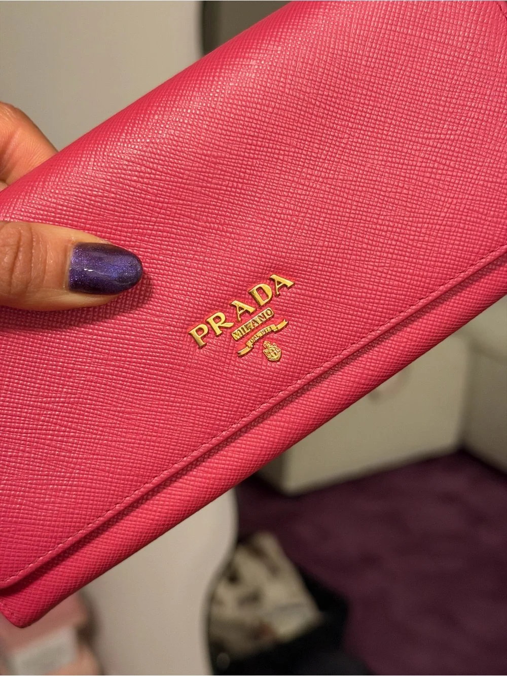 Prada Pink Saffiano Leather Continental Long Wallet Gold Logo Bifold